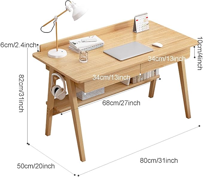 Home Office Writing Desk with Drawers and Storage Shelf Mid-Century Modern Study Desk Wood PC Table Workstation Simple Computer Desk for Working &amp Learning(80x50x82cm(31x20x31inch) Wood)
