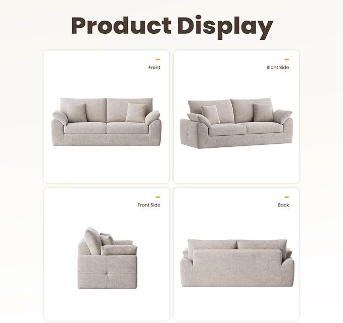 90 Boneless Loveseat Sofa Cloud Foam Couch 3 Seater Upholstered Midcentury Mondern Love Seat Wide Armrest and 4 Pillows for Home Living Room/Small Spaces No Assembly Required Camel