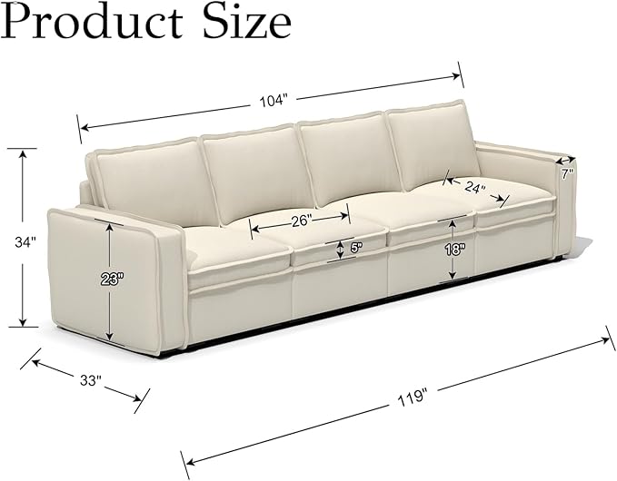 EALSON 119 Modular Sectional Sofa Modern Comfy 4-Seater Couch Sofa Linen Fabric Upholstered Cloud Couches with 24 Deep Seat and Wooden Legs for Bedroom/Living Room/Office White