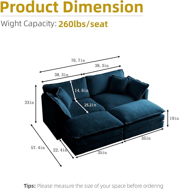 76.7 Modular Sectional Sofa U Shaped Deep Seat Cloud Couch with OttomanConvertible 2-Seater Comfy Chenille Upholstered Sofa Set for Living Room Apartment Studio – Blue