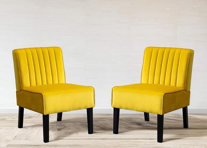 Reese Mid Century Modern Accent Chairs Set of 2 with Minimalist Design Elegant Velvet Upholstery and Solid Wood Legs Ideal for Living Room or Bedroom Yellow