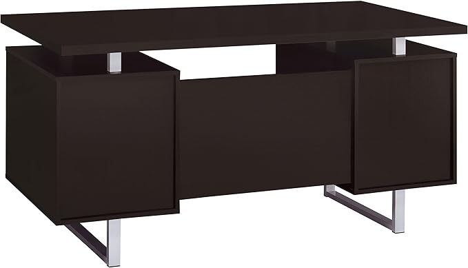 Pemberly Row 2-Drawer Wood Office Desk 60 in W x 30 in H Cappuccino and Silver Finish Metal Base Storage Drawer and Cabinet Contemporary Home Office Desk for Organization and Workspaces