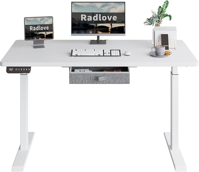 Radlove Dual Motors Height Adjustable 55 x 30'' Electric Standing Desk with Drawer Stand Up Table 4 Memory Keys Computer Desk with Splice Board Home Office Desk White Top + White Frame