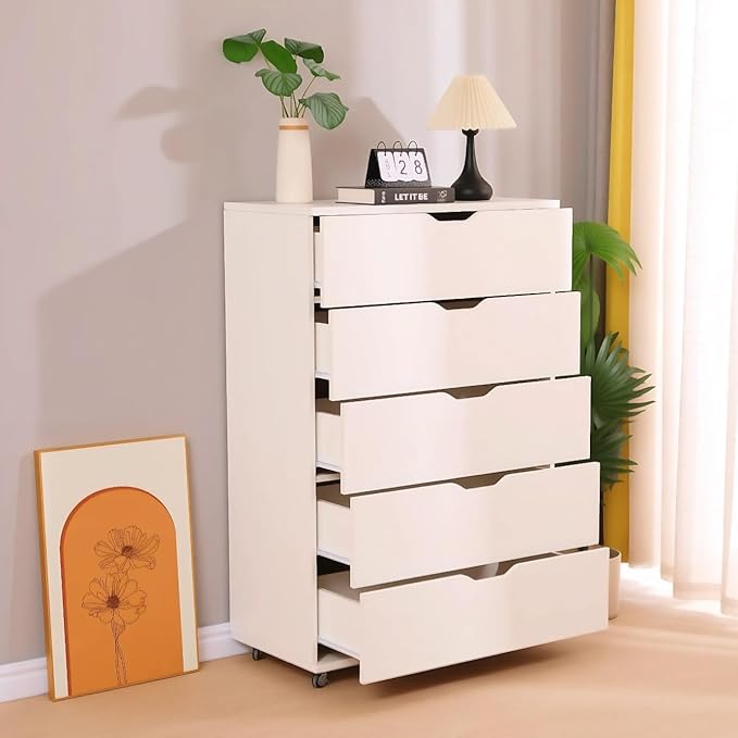 Vertical File Cabinet 5 Drawer Mobile File Cabinet Under Desk Wooden Filing Cabinet Storage Organization Filing Cabinet with Wheels for Home Office (Y-White)