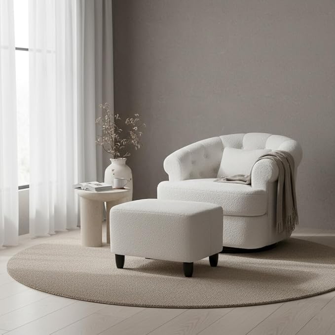 Barrel Swivel Accent Chair - Modern Comfy Boucle Armchair with Ottoman Round Upholstered Sofa Lounge Chairs Set for Living Room Bedroom Reading Corner Small Spaces (Beige)