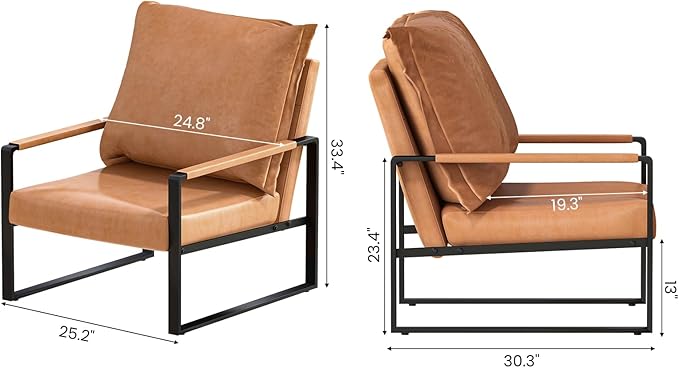 AWQM Leather Accent Chair Set of 2 Sofa Chair with Extra-Thick Padded Backrest &amp Seat Cushion Single Sofa for Living Room Bedroom Black Metal Frame 105 Degree Slant Back-Apricot（Set of 2）