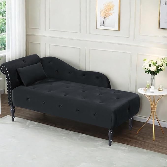 60 Modern Velvet Chaise Lounge Indoor Upholstered Chair with Left Armrest and Lumbar Pillow Button Tufted Lounge Sofa for Living Room Bedroom Office Mini Chaise Longue Sofa (Black)