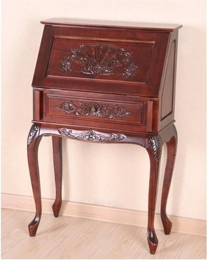 BOWERY HILL Small Secretary Desk 43 H x 14 W x 27 D Hardwood Dual Walnut Finish Traditional Style Hand-Carved Design Queen Anne Legs Eco-Friendly Office Desk with Storage for Home or