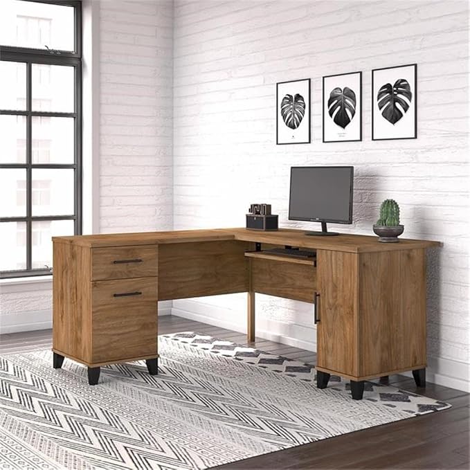 Pemberly Row 60W L Shaped Desk with Storage Engineered Wood Fresh Walnut Finish Adjustable Shelves File Drawer Keyboard Tray Home Office Corner Desk for Computer and Supplies Organization