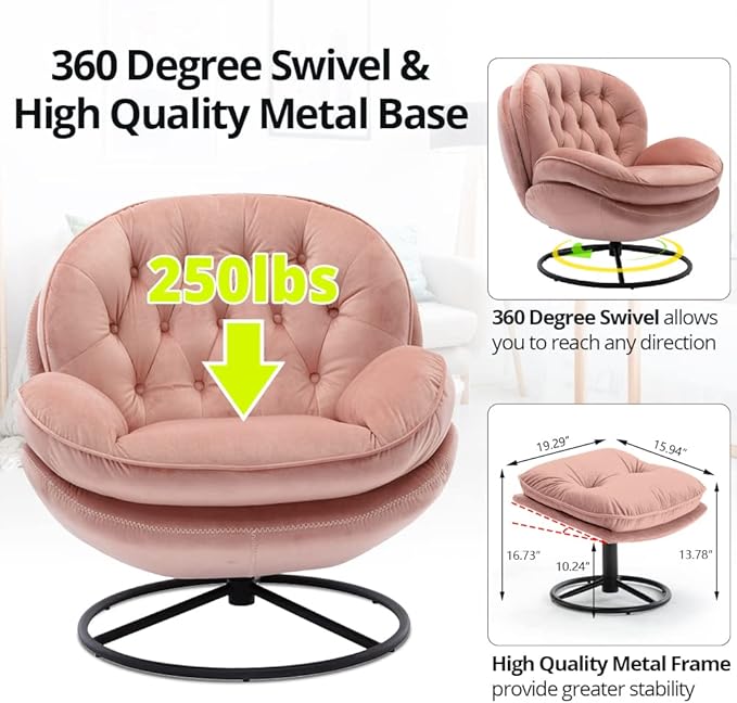 Velvet Swivel Accent Chair with Ottoman Set Modern Lounge Chair with Metal Base Frame &amp Footrest Comfortable Single Leisure Sofa Chair Reading Chair with 360 Degree Swiveling for Living Room Pi