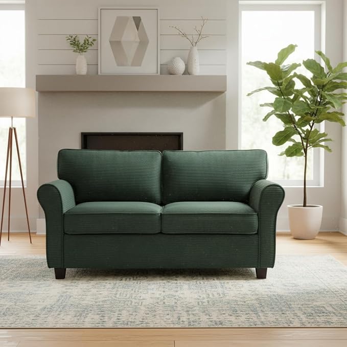 57 Loveseat Sofa Mid Century Modern Corduroy Couch with Thick Cushion 2 Seater Small Sofa for Living Room Bedroom Apartment Office Dark Green