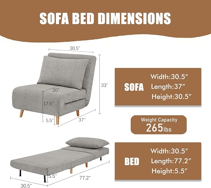 3 in 1 Sleeper Chair Bed Foldable Convertible Chair with Thickened Cushion and Sponge OTE Chenille Fabric Adjustable Backrest Upholstered Accent Chair for Apartment/Bedroom/Office - Dark Gray