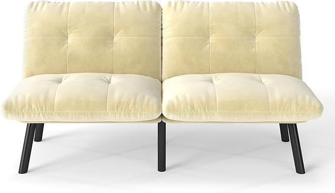 Sofa Bed with Chaise Modern Convertible Sleeper Sectional Loveseat Velvet Futon Couch with Tufted Back and Metal Legs for Small Space Apartment (Cream)