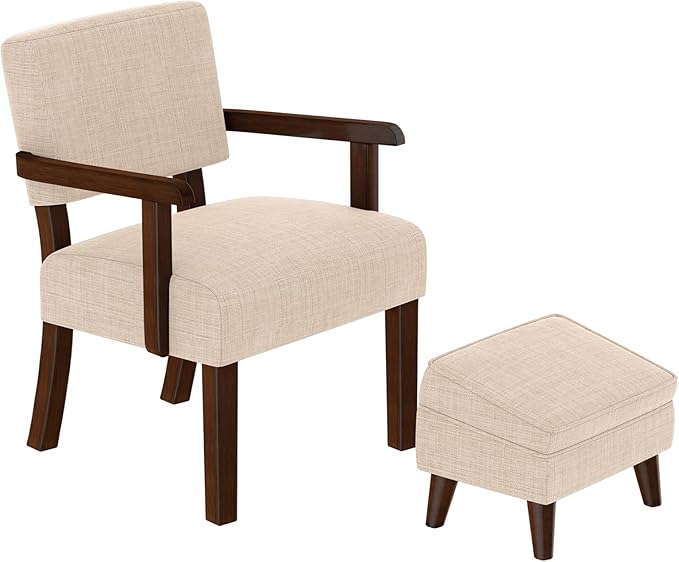 Accent Chairs with Adjustable Ottoman Comfy Arm Footrest Set Storage Footstool Sofa Armchair with Footrest Lazy Chair Set for Living Room/Bedroom/Reading Room Beige