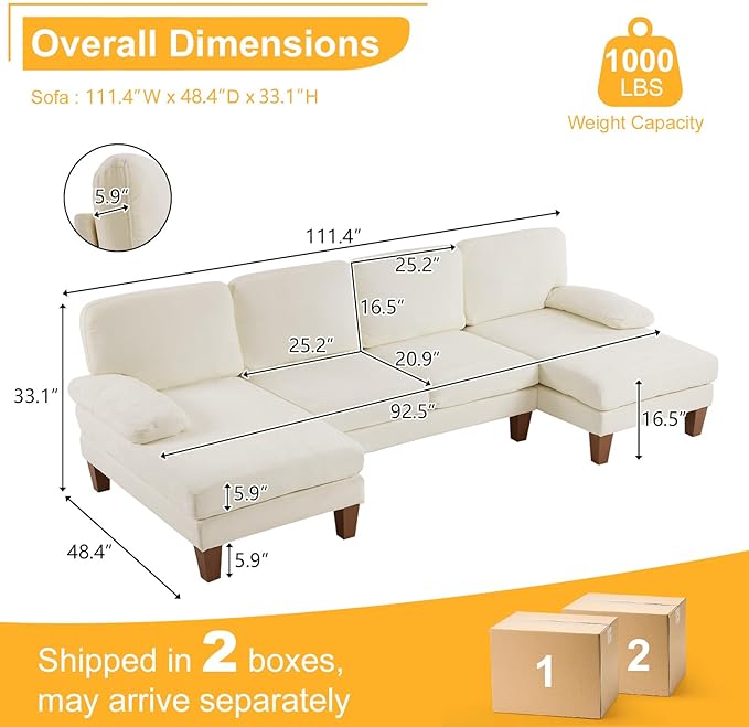 Karl home 111 Sectional Sofa U-Shaped 4-Seat Couch with Chaises Wood Grian Legs Chenille Fabric Upholstered for Living Room Apartment Office Beige