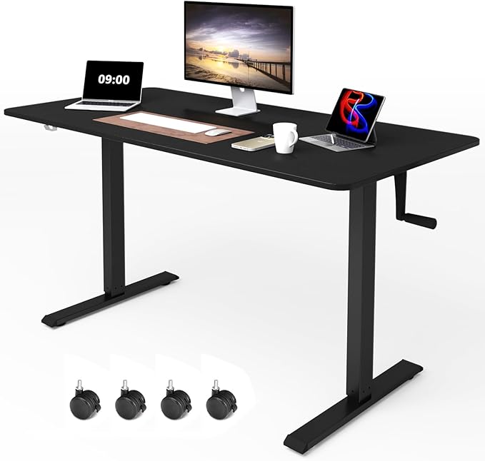Whole Piece Manual Standing Desk Adjustable Height with Lockable Casters- Hand Crank Stand up Desk with Wheels Mobile Sit to Stand Workstation with Handle