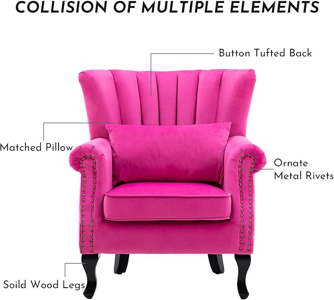 Accent Reading Arm Chairs Midcentury Modern Comfy Corner Sofa Chair Wingback Waiting Room Club Chair with Tufted Back for Living Room/Bedroom/Reception Room Velvet Rose