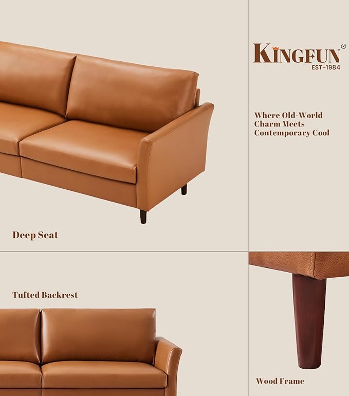 Kingfun Faux Leather 3 Seat Couch for Living Room Mid Century Modern Sofa with Rolled Arms and Deep Seats Fluffy Comfort for Apartment Easy to Assemble Mid Brown