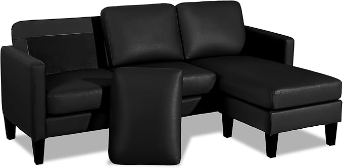 TITIMO Faux Leather Sectional Sofa L Shaped Sofa with Reversible Chaise Convertible Sectional Couch 3-Seater Modern Small Couches for Small Space (Black)
