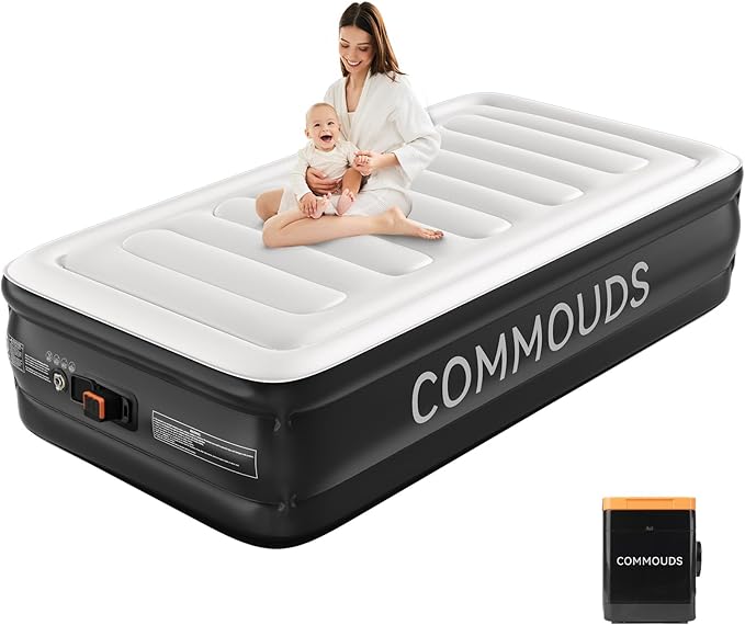 COMMOUDS Twin Air Mattress with Built-in Battery Powered Removable Pump 18 High Inflatable Mattress Portable Blow up Mattress Air Bed for Camping Home and Guest