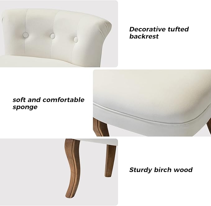 HULALA HOME Velvet Vanity Stool with Low Back Modern Vanity Chair with Solid Wood Legs Small Upholstered Makeup Chair Home Decor for Bedroom Living Room Dressing Table Women Girls Ivory