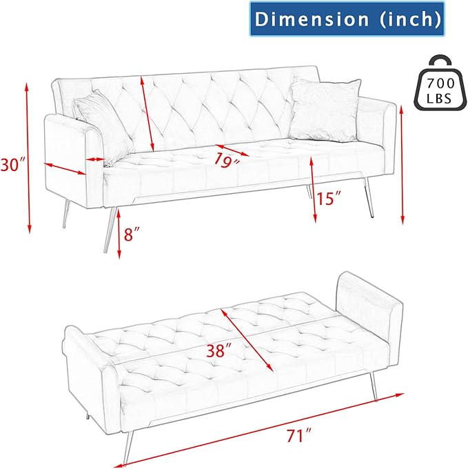 KINFFICT Velvet Futon Sofa Bed with 2 Pillows Convertible Sleeper Sofa Couch with 3 Angle Adjustable Backrest Modern Loveseat with 4 Golden Metal Legs for Living Room and Bedroom