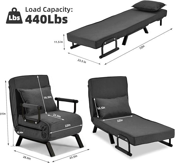 Convertible Sofa Bed Sleeper ChairSingle Person Chaise Lounge Couch with PillowUpholstered Lazy Bed with 6 Angles Adjustable BackrestFolding Sofa Arm Chair for Apartment/Office/Home (Dark Gray)