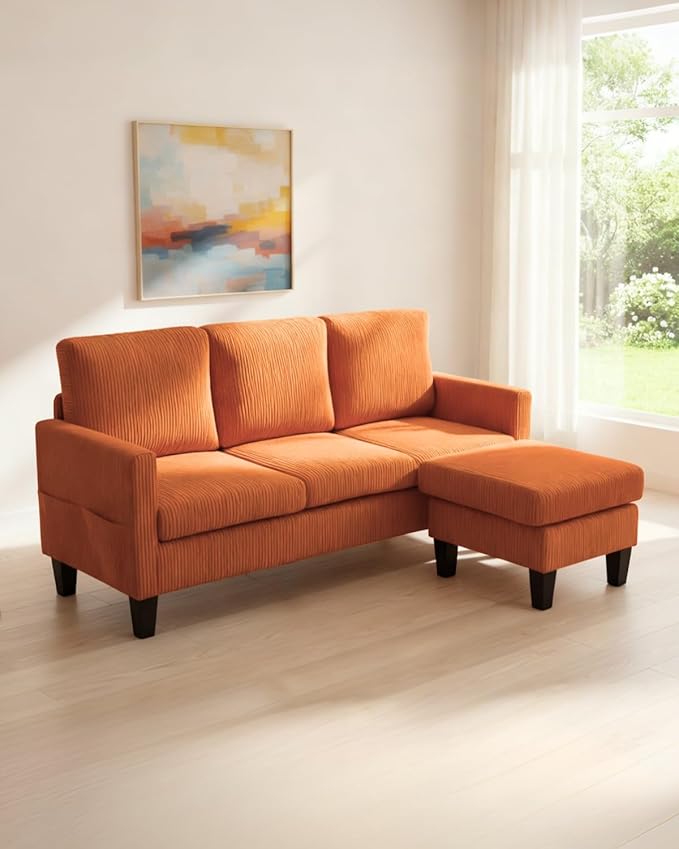 Karl home Small Sectional Couch L Shaped Sofa with Movable Storage Ottoman Corduroy Upholostered Sofa Chaise with Side Pockets for Living Room Apartment Studio Orange