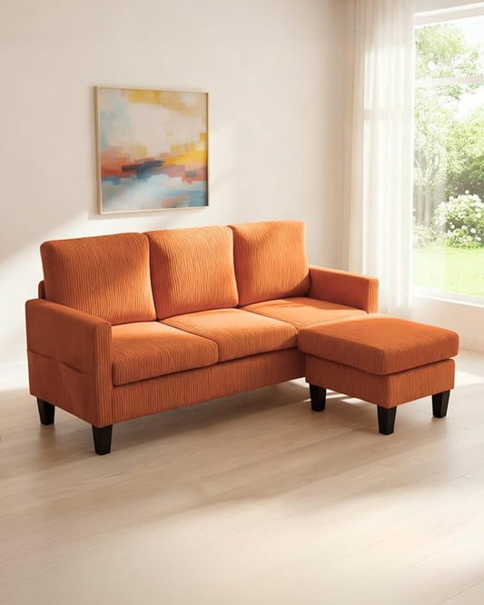 Karl home Small Sectional Couch L Shaped Sofa with Movable Storage Ottoman Corduroy Upholostered Sofa Chaise with Side Pockets for Living Room Apartment Studio Orange