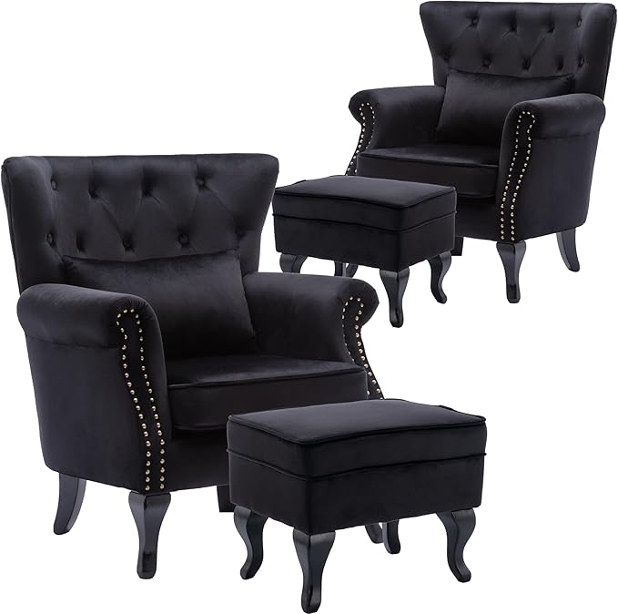 chairus Mid-Century Modern Accent Chairs with Ottoman Set of 2 Comfy Velvet Single Sofa Chair Button Tufted Wingback Armchairs with Pillow for Living Room/Bedroom/Club - Black