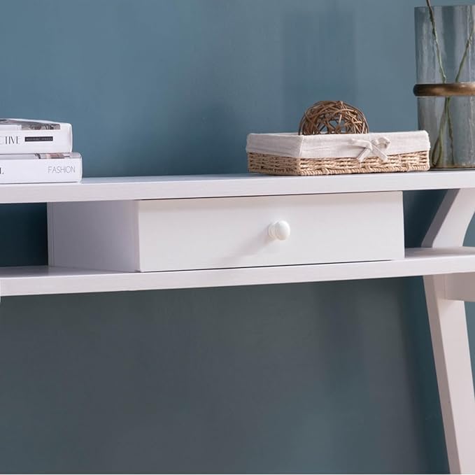 Modern White Console Work Table with One Smooth-Glide Drawer Two Spacious Side Shelves for Storage Versatile Use Compact Home Office Desk Durable Construction