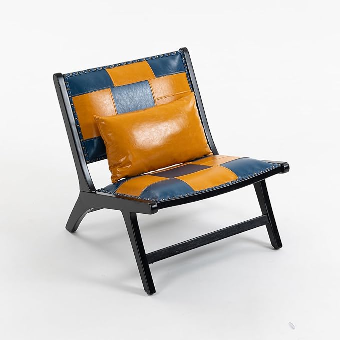 Modern Comfortable PU Leather Armless Mid-Century Style Lounge Armchair Brown Solid Wood Chair Floral Pattern Sofa Chair for Living Room/Office/Balcony/Bedroom (Blue+Yellow Set of 1)