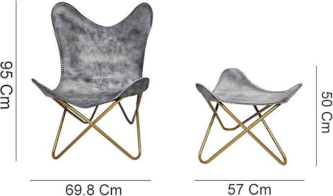 PLW Handmade Gray Leather Butterfly Chair with Ottoman – Folding Lounge Chair Set with Gold Iron Frame Vintage Accent Seating for Living Room Bedroom or Office