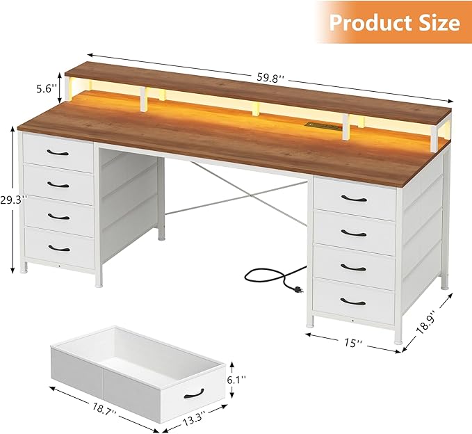 60 Inch Computer Desk with 8 Fabric Drawers Gaming Desk with LED Lights &amp Power Outlets Home Office Desk with Monitor Stand Brown and White