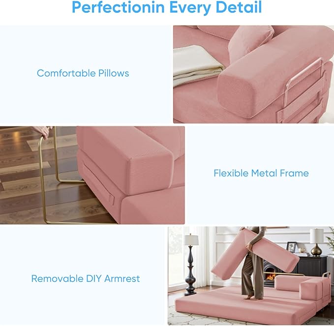 Mjkone 78.7 W Convertible Folding Mattress Couch with Armrest Corduroy Floor Sofa Bed with Metal Fixed-Shape Frame 5-in-1 DIY Futon Lazy Sofa Cama Lounge Couch for Living Room Bedroom Studio Pink