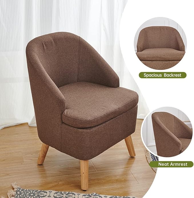 Cute Upholstered Accent Club Coffee Chair with Barrel Style Cotton Linen Like Fabric Round Single Sofa for Wooden Leg Living Room Bedroom Large