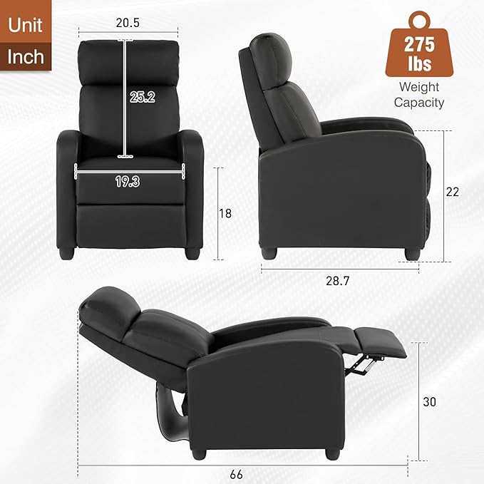BestMassage | Recliner Chair | No Massage Function | Leather Black | with Lumbar Support Adjustable Push Back Wide Armrests Footrest &amp Padded Seat | Easy Assembly | for Living Room Home Theatr