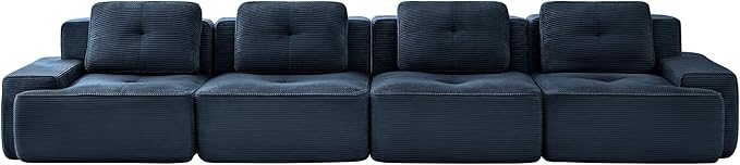 Casaphoria 150'' Blue Corduroy Cloud Couch 4-Seater Boneless Sectional Sofa with 4 Pillows for Living Room Deep Seat Sofa No Assembly Required