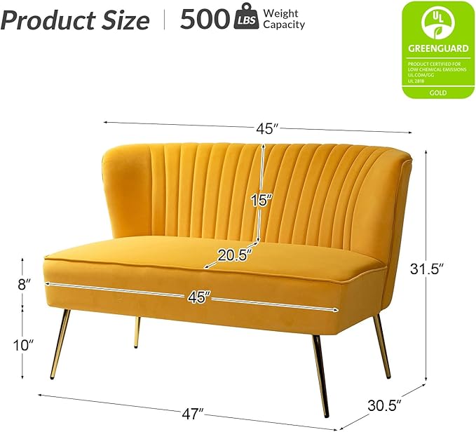 HULALA HOME Velvet Loveseat Sofa with Gold Legs Mid-Century Modern Upholstered Love seat Couch Tufted Small 2-Seat Sofa Armless for Living Room Bedroom Apartment Small Spaces Mustard