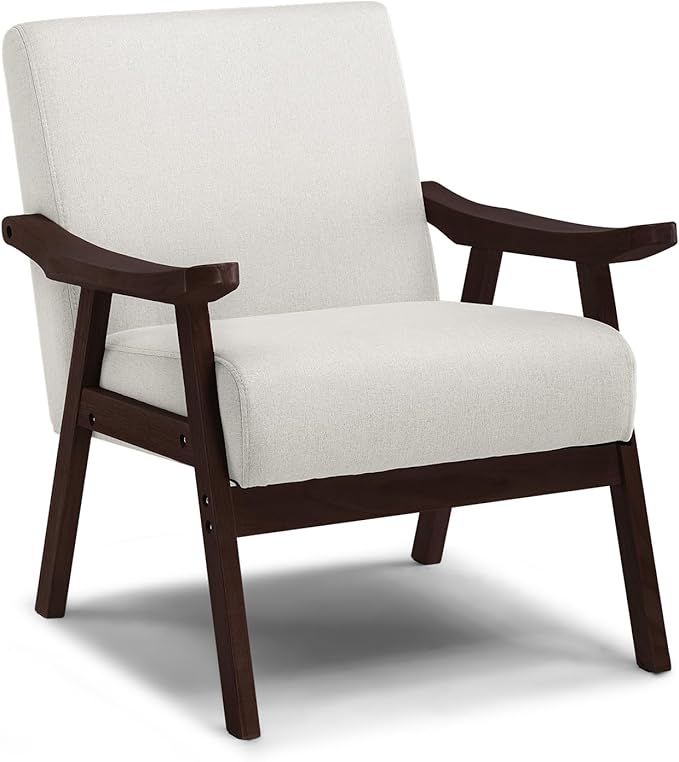 COMHOMA Modern Accent Chair Upholstered Mid Century Lounge Chair with Curved Solid Wood Armrests Single Sofa Reading Chair Suitable for Living Room Bedroom (Beige Brown)
