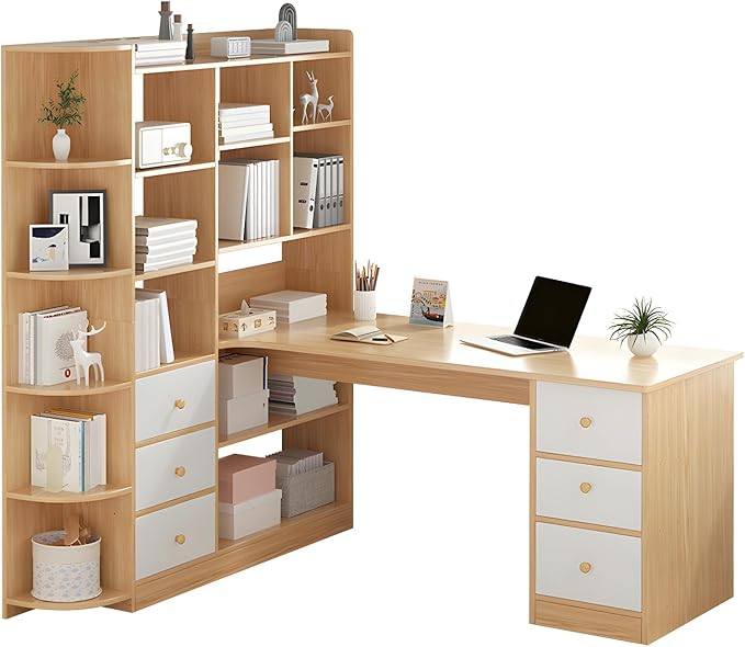 LITFAD Stylish Credenza Desk with Wood Pedestal Base and Exterior Shelving L-Shape Computer Desk Office Desk for Office Home - Without Chairs Natural 47 L x 40 W x 57 H