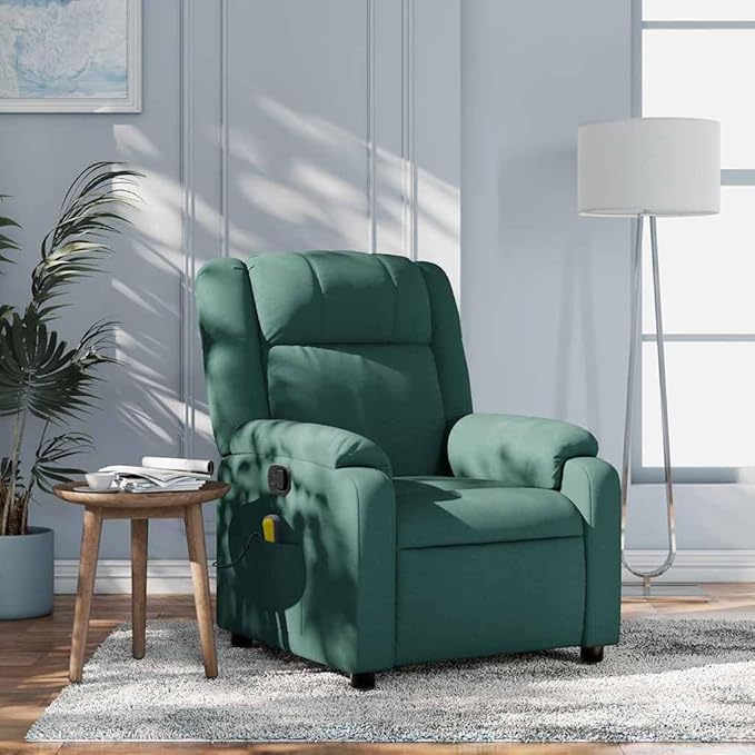 vidaXL Dark Green Reclining Massage Chair with 6 Point Vibration and Adjustable Backrest for Home Theater Living Room Recliner Armchair Fabric Chairs Comfort Modern