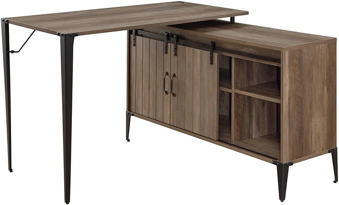 Zakwani 48 L-Shaped Writing Desk - Gray Oak &amp Black Finish (Versatile Home Office Desk - Sliding Barn Door Storage