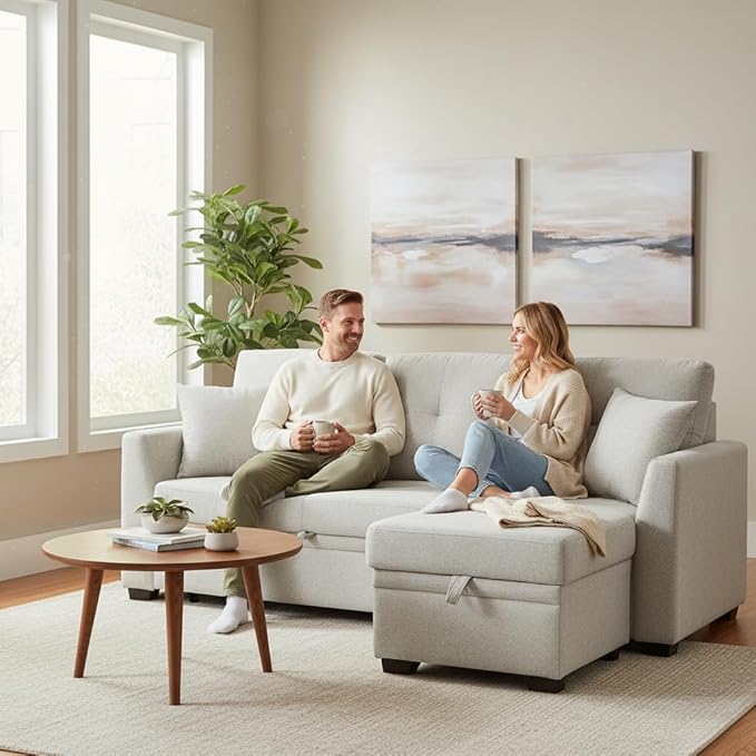 Sectional Sleeper Sofa with Pull Out Bed L Shape Convertible Chenille Couch with Storage Chaise 2 in 1 Pull Out Sofa Bed with 2 Seats for Living Room Apartment Beige