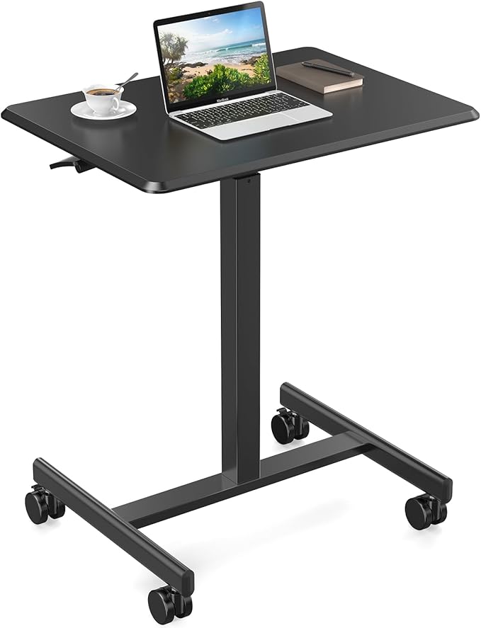 DUMOS Small Standing Desk Mobile Portable Rolling Laptop PC Table on Wheels Adjustable Height Computer Workstation for Home Office 19 Inch Black