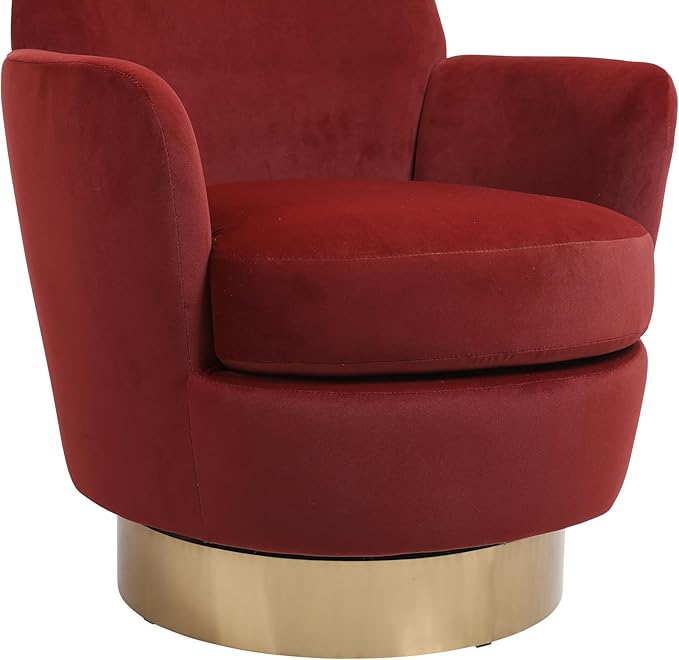 Velvet Swivel Barrel Chair Reading Armchair for Living Room &amp Bedroom Comfy Accent Chair with Gold Stainless Steel Base (Brownish Red)