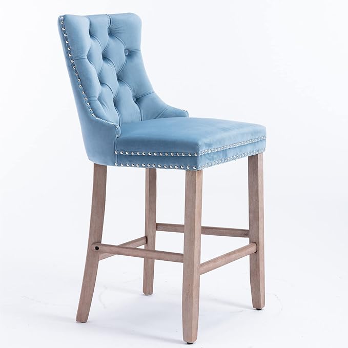 Modern Upholstered BarstoolsVelvet Bar ChairsSet of 2Wooden LegsLeisure Style Bar ChairsHigh Backrest ChairKitchen Island Chairs for CafesLiving RoomKitchenBarLight Blue