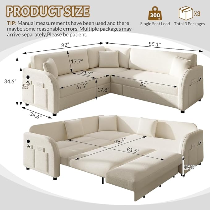85.1 Sectional Sleeper Sofa with Pull Out Bed Comfy Teddy L Shaped Convertible Sleeper Couch Oversized Modern Modular Deep Seat Cloud Couches with USB Ports for Living Room Beige White