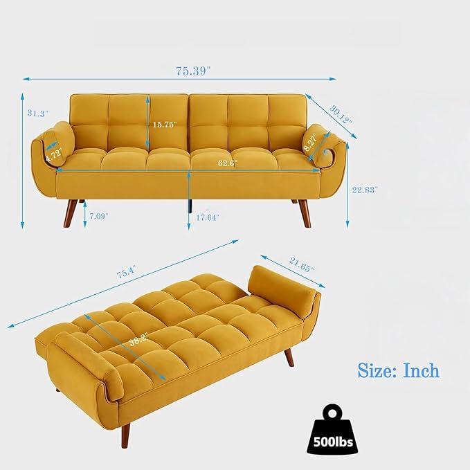 Convertible Futon Sofa Bed Modern Futon Couch with 2 Pillows Small Futons Couch with Adjustable Armrest &amp Backrest Loveseat Sofa Bed for Living Room Bedroom Yellow