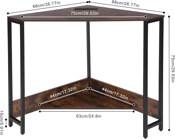 Corner Small Desk with Outlets Triangle Desk with Storage for Small Space Home Office Workstation Living Room Bedroom (Brown)